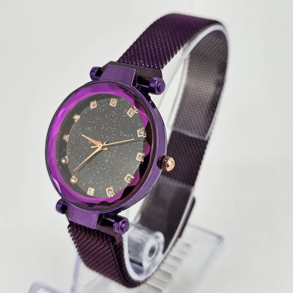 34MM Women's Watch Black Glitter Dial Purple‎ Mesh Band Up to 9